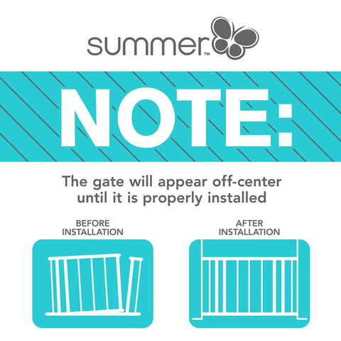 Installation note for No-Fuss Extra Wide Decor Safety Gate For Babies And Pets, 27 Inch Tall, showing before and after alignment.