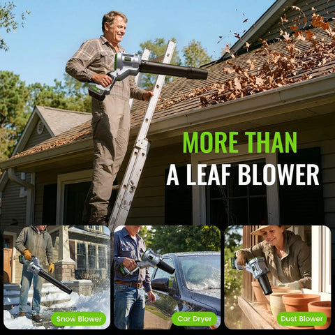 Cordless Leaf Blower With 680 CFM, 2x 4.0Ah Batteries And Charger, used for leaves, snow, car drying, and dust removal.