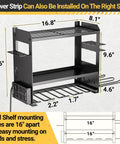 Must Have Power Tool Organizer Wall Mount With Charging Station for Garage, side view with dimensions and built-in power strip.