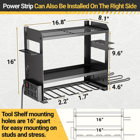 Must Have Power Tool Organizer Wall Mount With Charging Station for Garage, side view with dimensions and built-in power strip.