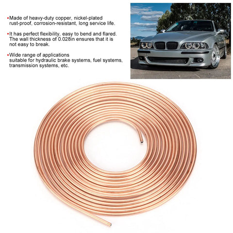 25ft Copper Plated Brake Line Tubing 3 By 16 Inch OD Coil Roll for hydraulic brake systems and fuel lines displayed on white background