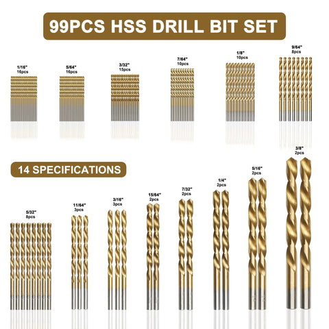 99 Piece Drill Bit Set With Titanium Coated HSS Twist Bits For Metal Wood Plastic Aluminum Copper Iron 1/16 To 3/8 Inch Includes Hard Storage Case 135 Degree Tips Pro Grade displayed with sizes