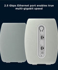 Back view of Q14 Tri Band Mesh WiFi 6E System with 2.5 Gbps WAN port, grey, highlighting multiple Ethernet ports for whole home coverage.