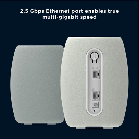 Back view of Q14 Tri Band Mesh WiFi 6E System with 2.5 Gbps WAN port, grey, highlighting multiple Ethernet ports for whole home coverage.