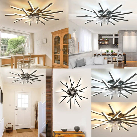 Cool Low Profile Ceiling Fan With Dimmable Light, Black Flush Mount, Modern Minimalist Design, displayed in various rooms