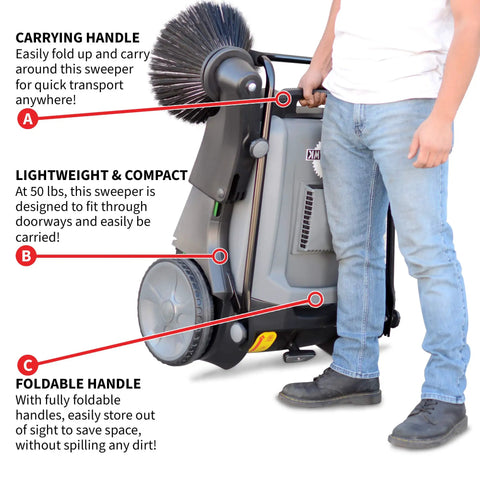Heavy Duty Thirty Eight Inch Walk Behind Push Sweeper With Triple Side Brooms for quick transport and easy storage detail.