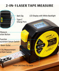 Go To Pro Grade Dual Mode Laser Tape Measure And Distance Meter With 164 Ft Laser Range And 16 Ft Manual Tape Red 0.49mW Class II Laser, black and yellow handheld tool with LCD screen and retractable tape