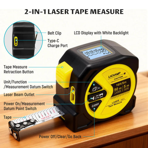 Go To Pro Grade Dual Mode Laser Tape Measure And Distance Meter With 164 Ft Laser Range And 16 Ft Manual Tape Red 0.49mW Class II Laser, black and yellow handheld tool with LCD screen and retractable tape