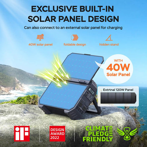 Beefy 1024 Wh Portable Power Station With Integrated 40 W Foldable Solar Panel showcasing solar panel design at the beach.