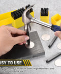 Using 36-Piece Metal Stamping Kit For DIY Projects And Jewelry Making With One Quarter Inch Stamps on metal with hammer.