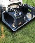 72 Inch Hydraulic Grapple Attachment for Skid Steer Loader With Quick Tach shown on grass, dual cylinders visible.