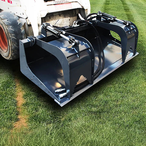 72 Inch Hydraulic Grapple Attachment for Skid Steer Loader With Quick Tach shown on grass, dual cylinders visible.