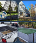 Collage of kid and pup safe rope net for balcony railings, used in sports areas and transport, black polyester netting visible.