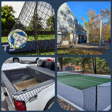 Collage of kid and pup safe rope net for balcony railings, used in sports areas and transport, black polyester netting visible.