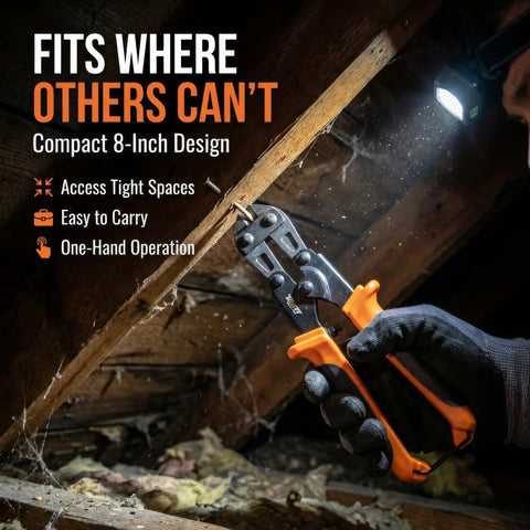 User cutting a nail in a tight space using 8 Inch Mini Bolt Cutters Heavy Duty CrMo Wire And Fence Cutter For Chain Link Nails Wire And Hooks Pro And DIY Ready Compact Hook Cutter You Can Take Anywhere For Precise Cutting On The Go, illuminated by a headlamp.