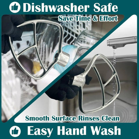 Dishwasher-safe stainless steel paddle flat beater 4.5 to 5 quart stand mixers, showing easy hand wash under faucet.