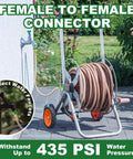 2-Foot Female To Female Garden Hose Connector With Metal Reel Adapter, connected to hose reel in garden setting