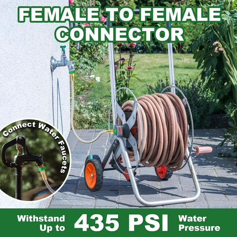 2-Foot Female To Female Garden Hose Connector With Metal Reel Adapter, connected to hose reel in garden setting