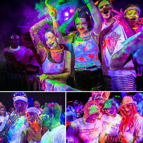 Partygoers enjoying UV glow effect from Ultra Bright 20 Foot LED Black Light Strip Kit With 360 LEDs 12V Flexible Ribbon For Indoor Decor