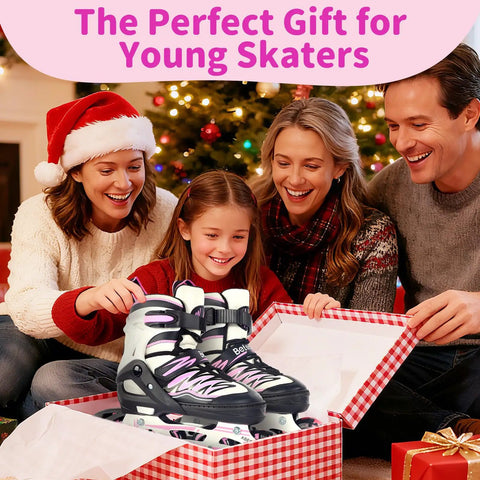 Light Up Inline Skates With Battery Free Illuminated Wheels And Luminous Shoelaces Four Size Adjustable For Kids Ages 5 To 12 Boys And Girls Beginner Indoor And Outdoor Roller Blades For Youth And Women in a gift box, family smiling.
