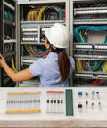 Technician working near server cables with Ultra Complete 1818 Piece Electronics Components Kit and PCB board on a table.