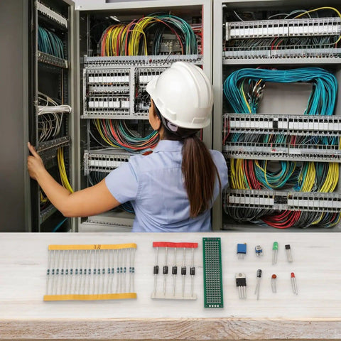 Technician working near server cables with Ultra Complete 1818 Piece Electronics Components Kit and PCB board on a table.