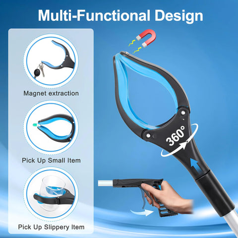 Grabber Reacher Tool, 32-inch foldable blue and black heavy-duty reaching tool for picking up small or slippery items.