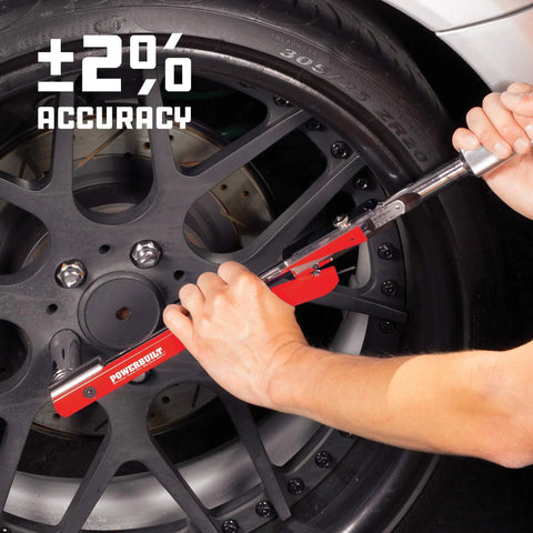 Person using Beefy Half Inch Drive Deflecting Beam Torque Wrench With Audible Click Accurate 20 To 220 Ft Lbs on car wheel
