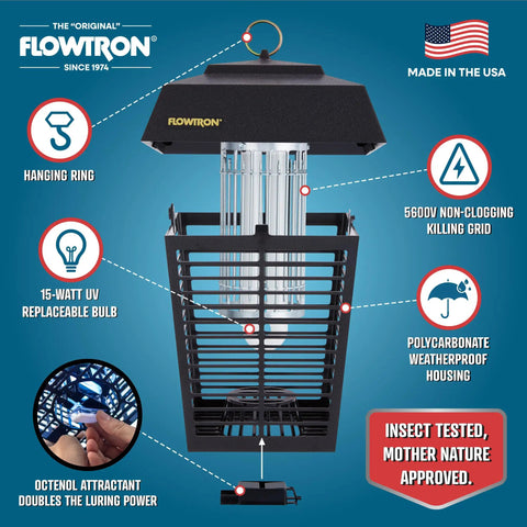 Image of a Powerful Outdoor Bug Zapper For Half Acre Yards With Dual Lure Method, 15W UV Light And Octenol Attractant, 5600V Kill Grid, Made In USA.