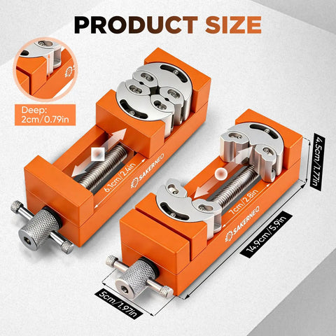 Fractal Vise Self Adjusting Drill Press Bench Vice With Adaptive Jaw Clamping For Flat Round And Irregular Parts Durable Orange Finish Keeps Small Parts Locked In While You Work. Orange bench vise size diagram, 14.9cm long