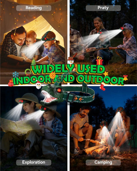 Kids using Totally Rad LED Dinosaur Headlamp For Kids With Roar Sound And 3 Lighting Modes T Rex Shape Toy Flashlight outdoors.