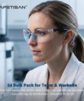 Top Shelf Six Pack Safety Glasses Delivering Unbeatable Uv Defense Ansi Z87 Approved clear lenses worn by a woman in a lab.