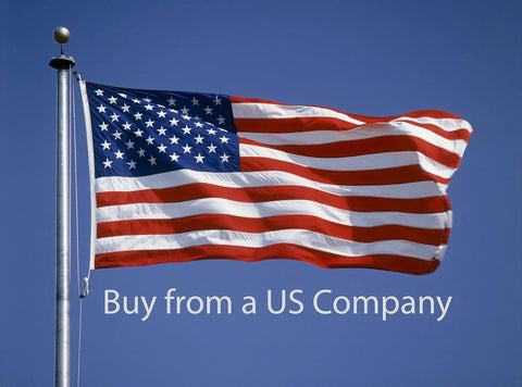 American flag waving on a pole with text "Buy from a US Company" on a clear blue sky background.