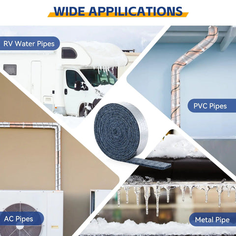 Self Regulating Water Pipe Heat Tape And Pipe Insulation Wrap For Freeze Protection And Temperature Control In RV And Home With Cotton Wrap For Easy Install And Long Lasting Performance In All Weather Suitable For 3 Ft To 7 Ft 9 In shown with various pipe applications