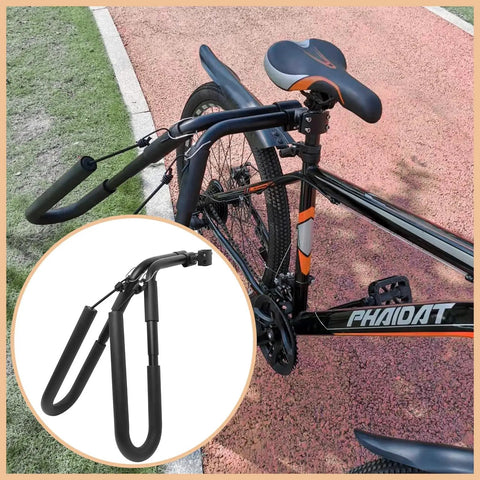 Heavy-Duty Bike Surfboard Carrier Bracket For Ride-Ready Trips attached to black bike on path, side view