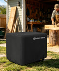 Beefy Heavy Duty Generator Cover Fits 5500W to 15000W Gas and Inverter Models with 600D Polyester Shell in black on a lawn.