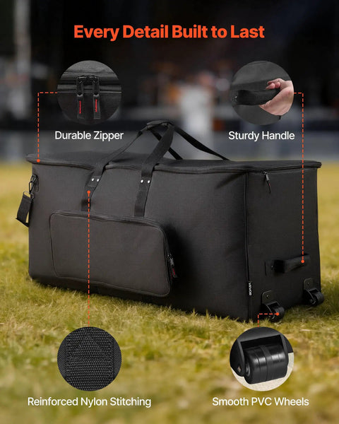 No Sweat Electronic Drum Roller Case With Thick Cushioning And Easy Rollin Wheels, Large Travel Softcase With Removable Dividers And Side Pockets For Touring Musicians, Black showing durable zipper and sturdy handle.