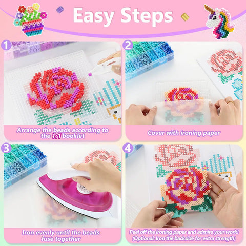 Epic Fuse Beads Kit With 19,200 Beads In 92 Colors showing easy steps for kids to create arts and crafts with ironing paper