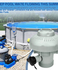 Large Inlet Air Nozzle For Above Ground Pool Pumps 1900 2450 GPH in front of above-ground Intex pool with equipment.
