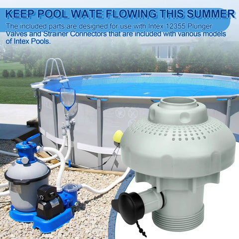 Large Inlet Air Nozzle For Above Ground Pool Pumps 1900 2450 GPH in front of above-ground Intex pool with equipment.