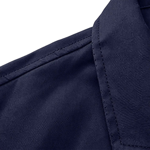 Mens Heavy Duty Mechanic Lab Coat With Reflective Safety Strips Breathable Navy Workshop Uniform Industrial Warehouse Gear Built For The Daily Grind And Long Shifts collar detail showing navy fabric texture.