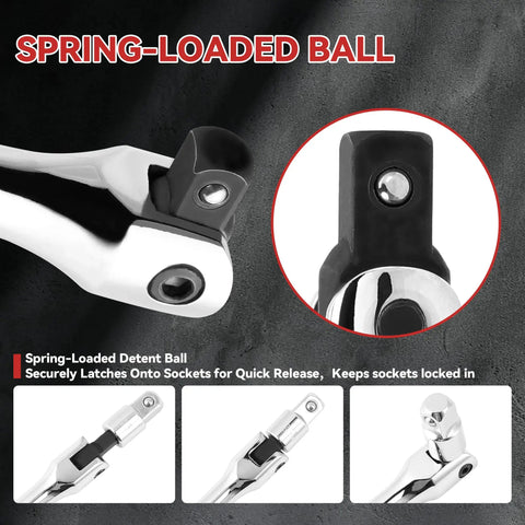 Close-up of spring-loaded detent ball on Heavy Duty 10 Piece Breaker Bar Set Featuring 180 Degree Swivel Head for socket locking.