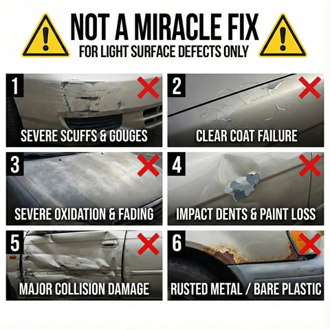 Image showing types of car damage not suitable for Car Scratch Remover Kit, including severe scuffs, clear coat failure, and rust.