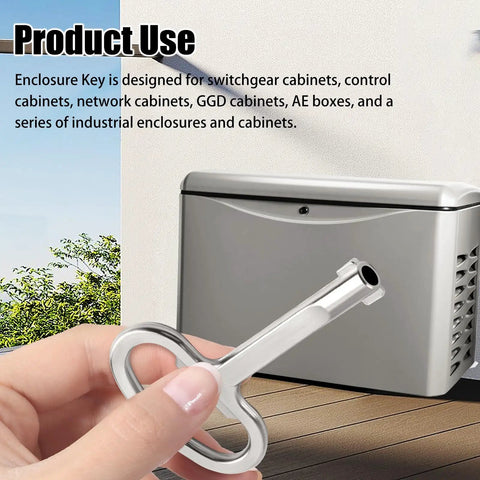 Hand holding 6mm Hole Enclosure Key for Switchgear Cabinets Control Cabinets Network Cabinets against industrial enclosure background