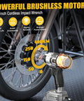 Ecarke 1/2 Inch Cordless Impact Wrench With Brushless Motor And Led Light shown near a motorcycle wheel with torque values.