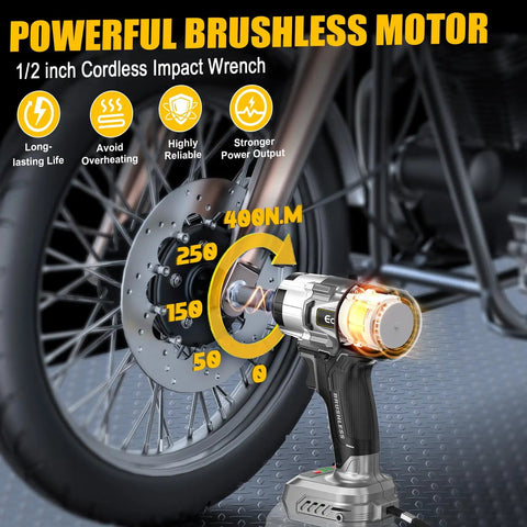 Ecarke 1/2 Inch Cordless Impact Wrench With Brushless Motor And Led Light shown near a motorcycle wheel with torque values.