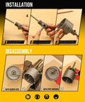 Professional 15 Piece Concrete Hole Saw Kit showing installation and disassembly of tough as nails alloy steel masonry blades.