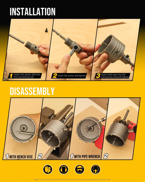 Professional 15 Piece Concrete Hole Saw Kit showing installation and disassembly of tough as nails alloy steel masonry blades.