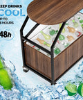 Wood and metal patio cooler with built-in table for outdoor parties, rolling ice chest with drainage, keeps drinks cold up to 48 hours