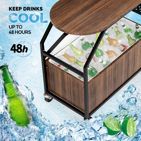 Wood and metal patio cooler with built-in table for outdoor parties, rolling ice chest with drainage, keeps drinks cold up to 48 hours